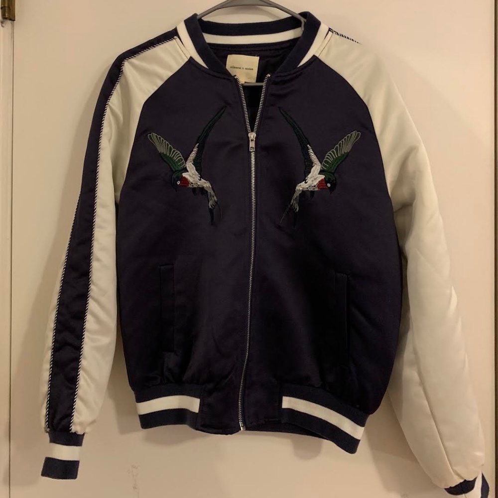 Navy Bomber Jacket with Hummingbirds